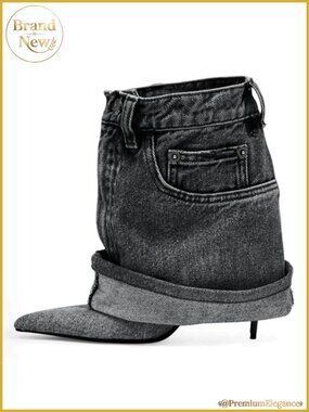 Pointed Toe Fine Stiletto High Heel Ankle Denim Booties Fold Over Ankle Short